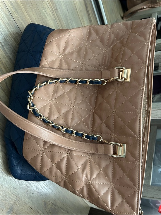 Charming Charlie Handbags - Charming Charlie Quilted Two-Tone Shoulder Bag in Tan and Navy
